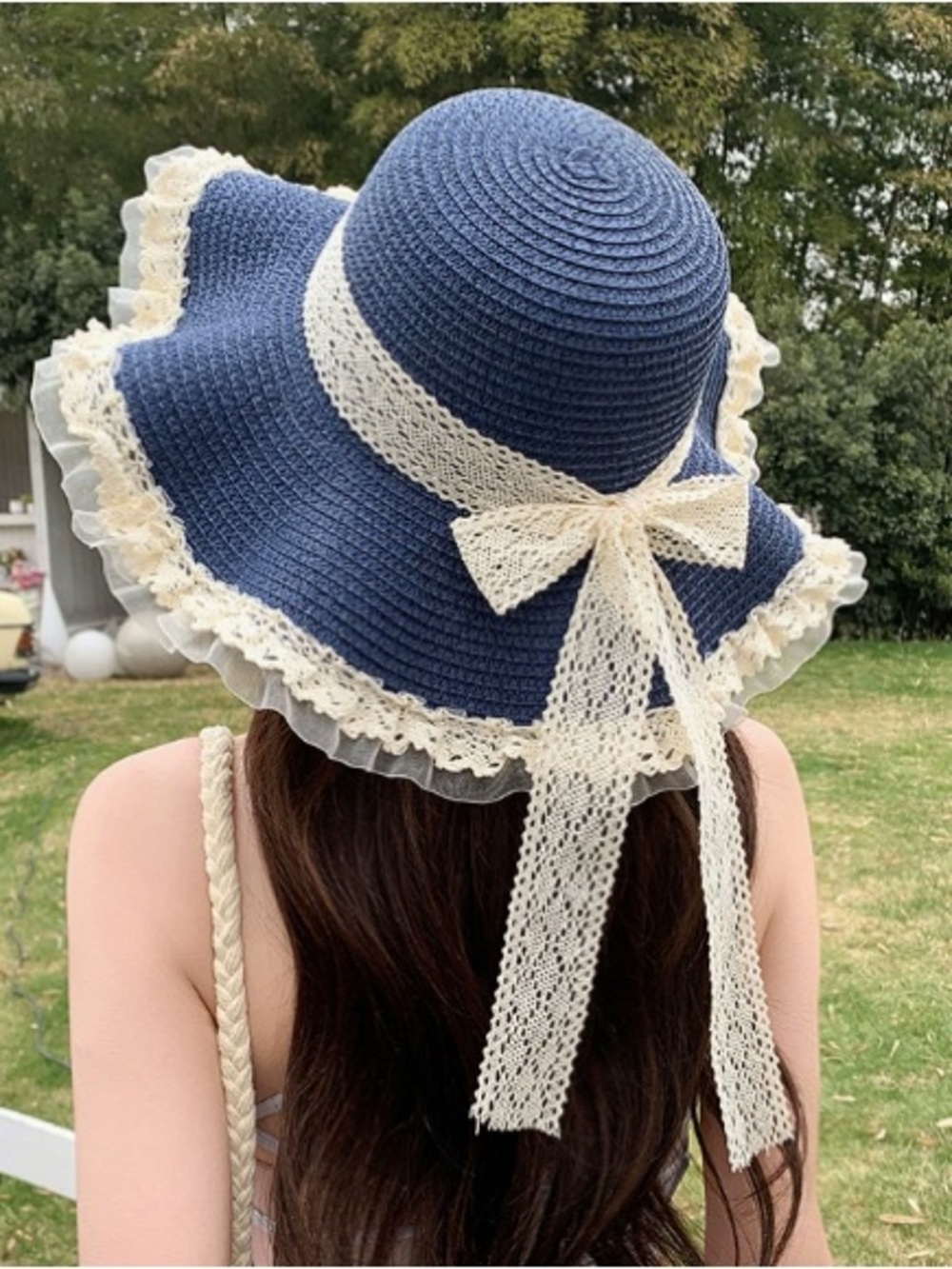 Navy Wide-Brim Crochet Sun Hat with Lace Bow